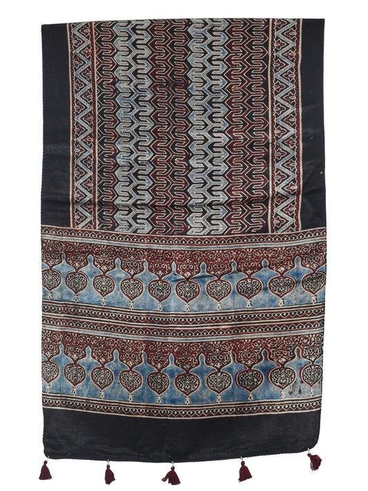 Ajrakh Mashru Silk Natural Dye Hand Block Print Stole With Tassels - 2 Mtr Length - SKU : AI0770AW