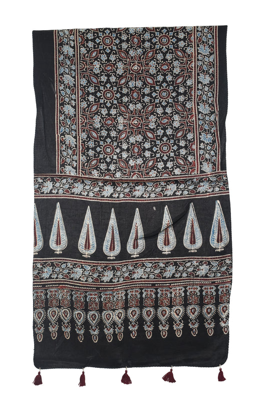 Ajrakh Mashru Silk Natural Dye Hand Block Print Stole With Tassels - 2 Mtr Length - SKU : AI0770BG