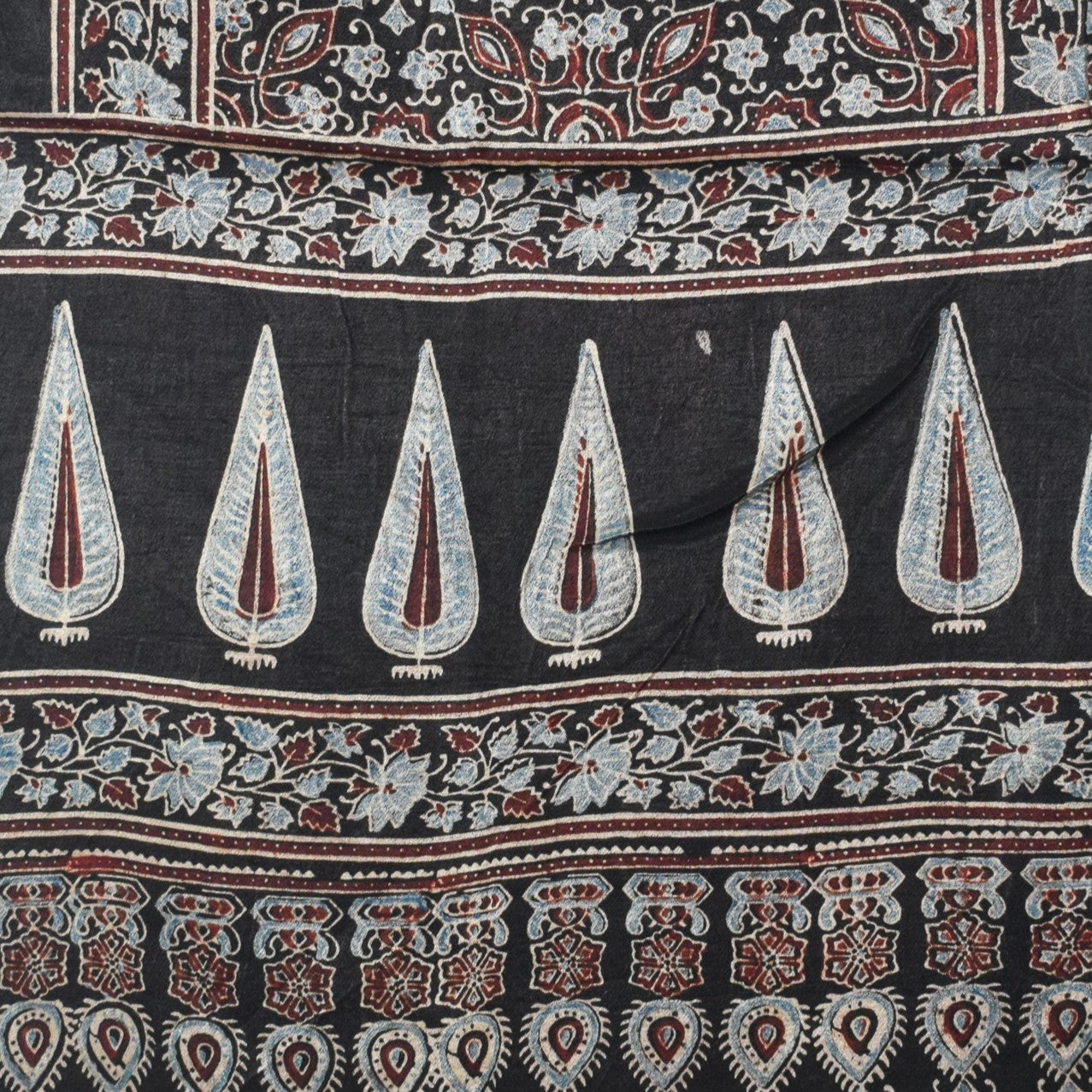 Ajrakh Mashru Silk Natural Dye Hand Block Print Stole With Tassels - 2 Mtr Length - SKU : AI0770BG