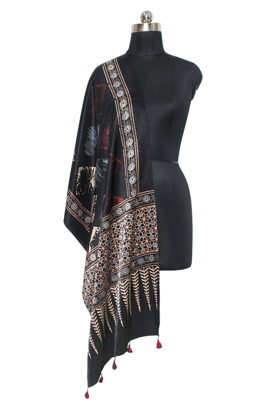 Ajrakh Mashru Silk Natural Dye Hand Block Print Stole With Tassels - SKU : MS20602X