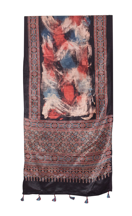 Ajrakh Mashru Silk Natural Dye Hand Block Print Stole With Tassels - 2 Mtr Length    -  SKU : RD26201A