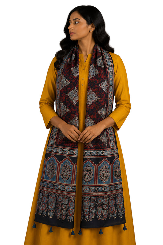 Ajrakh Mashru Silk Natural Dye Hand Block Print Stole With Tassels - 2 Mtr Length - SKU : AI21702H