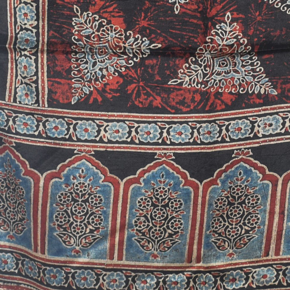 Ajrakh Mashru Silk Natural Dye Hand Block Print Stole With Tassels - 2 Mtr Length - SKU : AI21702H