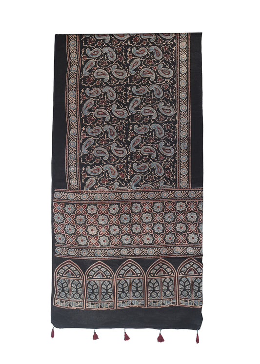 Ajrakh Mashru Silk Natural Dye Hand Block Print Stole With Tassels - 2 Mtr Length - SKU : MS10B01D