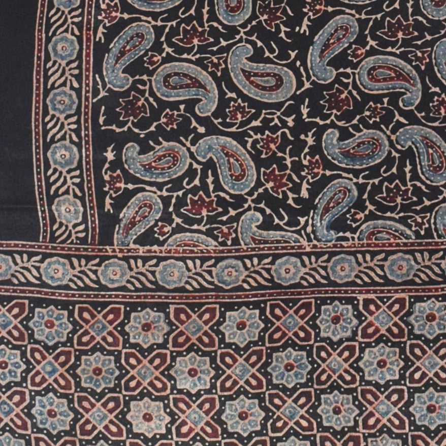 Ajrakh Mashru Silk Natural Dye Hand Block Print Stole With Tassels - 2 Mtr Length - SKU : MS10B01D