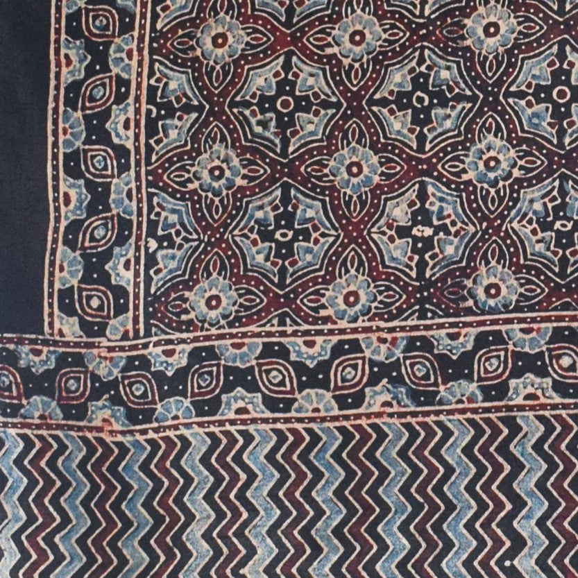 Ajrakh Mashru Silk Natural Dye Hand Block Print Stole With Tassels - 2 Mtr Length - SKU : MS10B0AI