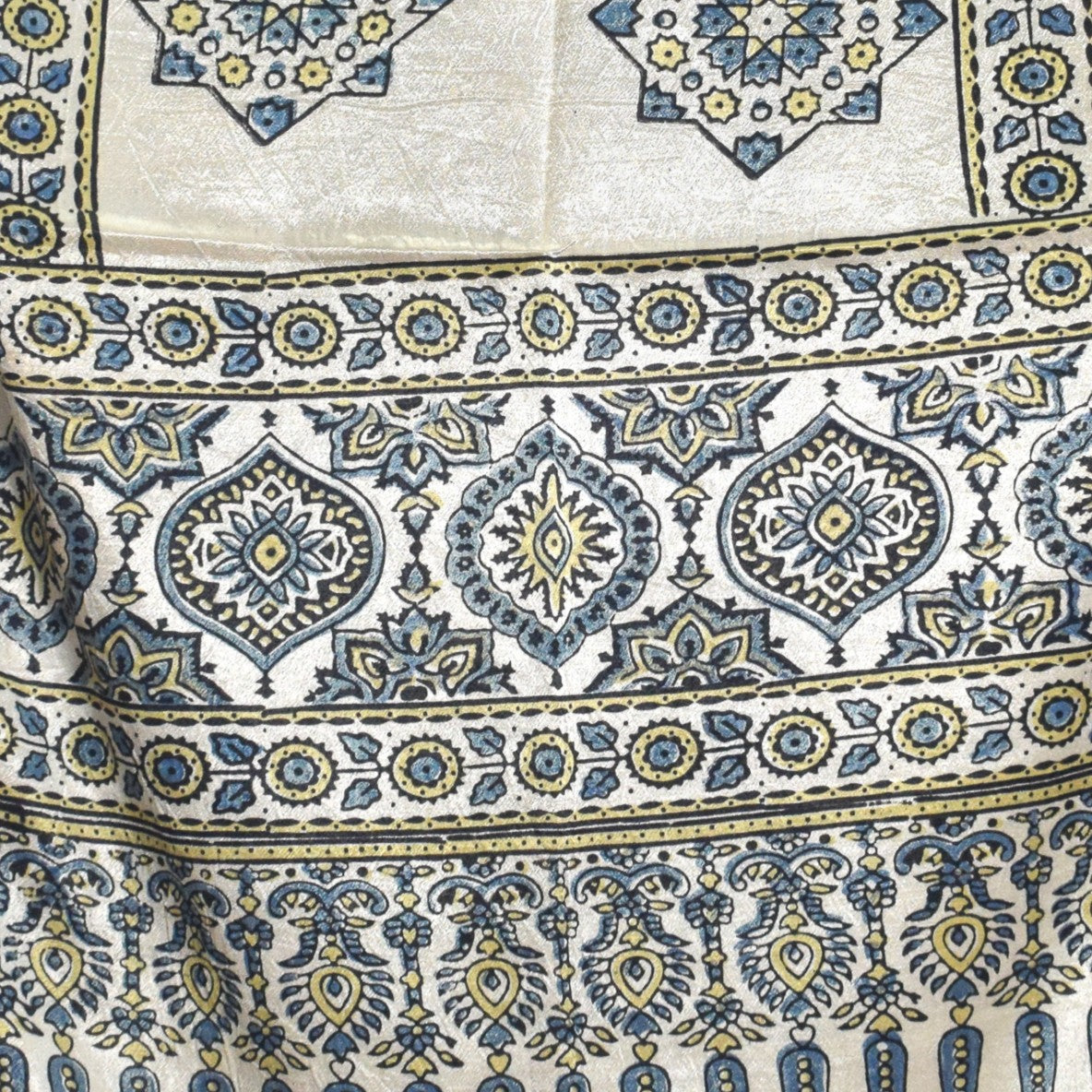 Ajrakh Mashru Silk Natural Dye Hand Block Print Stole With Tassels - 2 Mtr Length - SKU : AI07701C