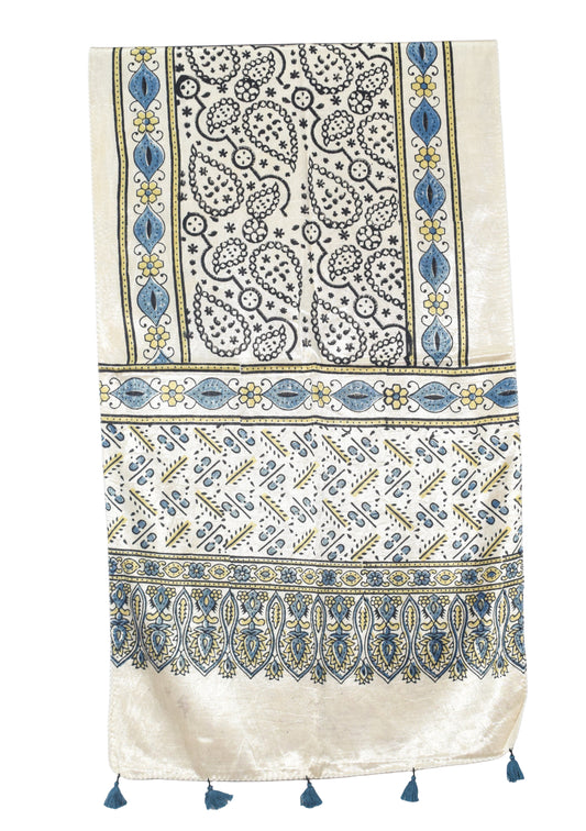 Ajrakh Mashru Silk Natural Dye Hand Block Print Stole With Tassels - 2 Mtr Length - SKU : AI07701O