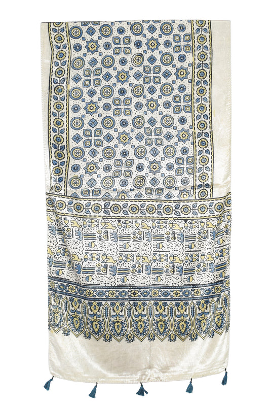 Ajrakh Mashru Silk Natural Dye Hand Block Print Stole With Tassels - 2 Mtr Length - SKU : AI07701U