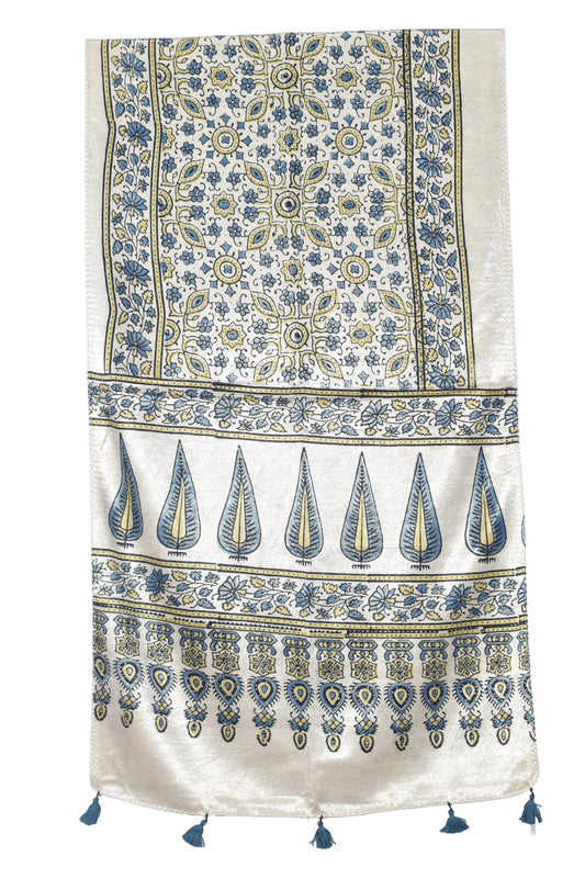 Ajrakh Mashru Silk Natural Dye Hand Block Print Stole With Tassels - 2 Mtr Length - SKU : AI0770AA