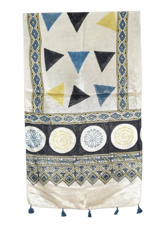 Ajrakh Mashru Silk Natural Dye Hand Block Print Stole With Tassels - 2 Mtr Length - SKU : AI0770AG
