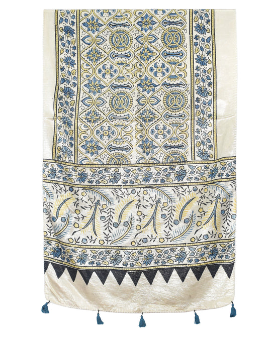 Ajrakh Mashru Silk Natural Dye Hand Block Print Stole With Tassels - 2 Mtr Length - SKU : AI0770AS