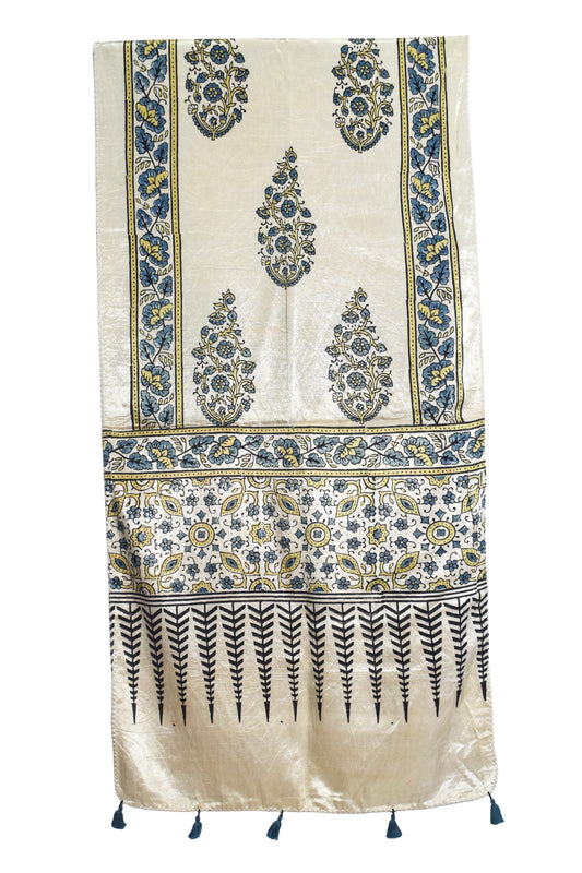 Ajrakh Mashru Silk Natural Dye Hand Block Print Stole With Tassels - 2 Mtr Length - SKU : AI0770AY
