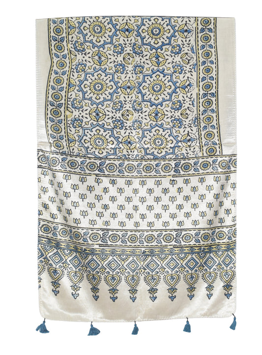 Ajrakh Mashru Silk Natural Dye Hand Block Print Stole With Tassels - 2 Mtr Length - SKU : AI0770BC