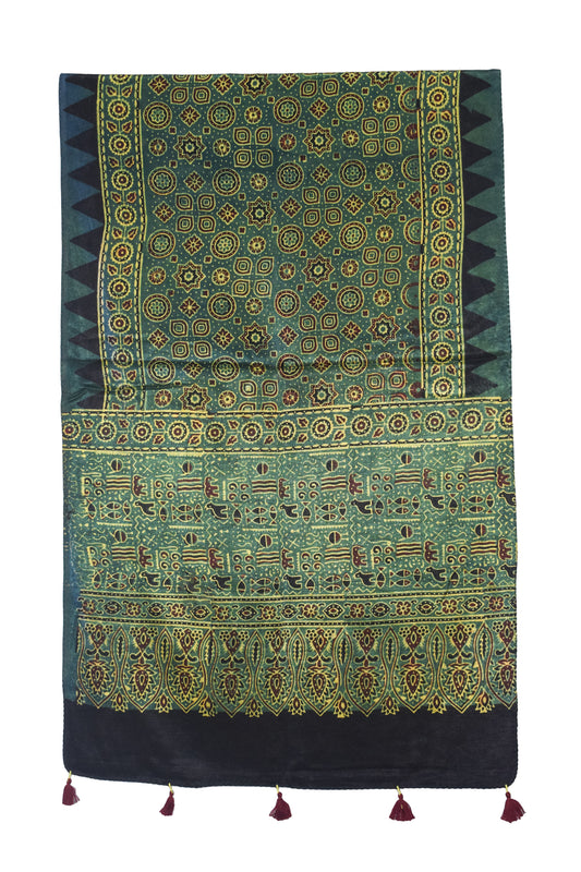 Ajrakh Mashru Silk Natural Dye Hand Block Print Stole With Tassels - 2 Mtr Length - SKU : AI07701F