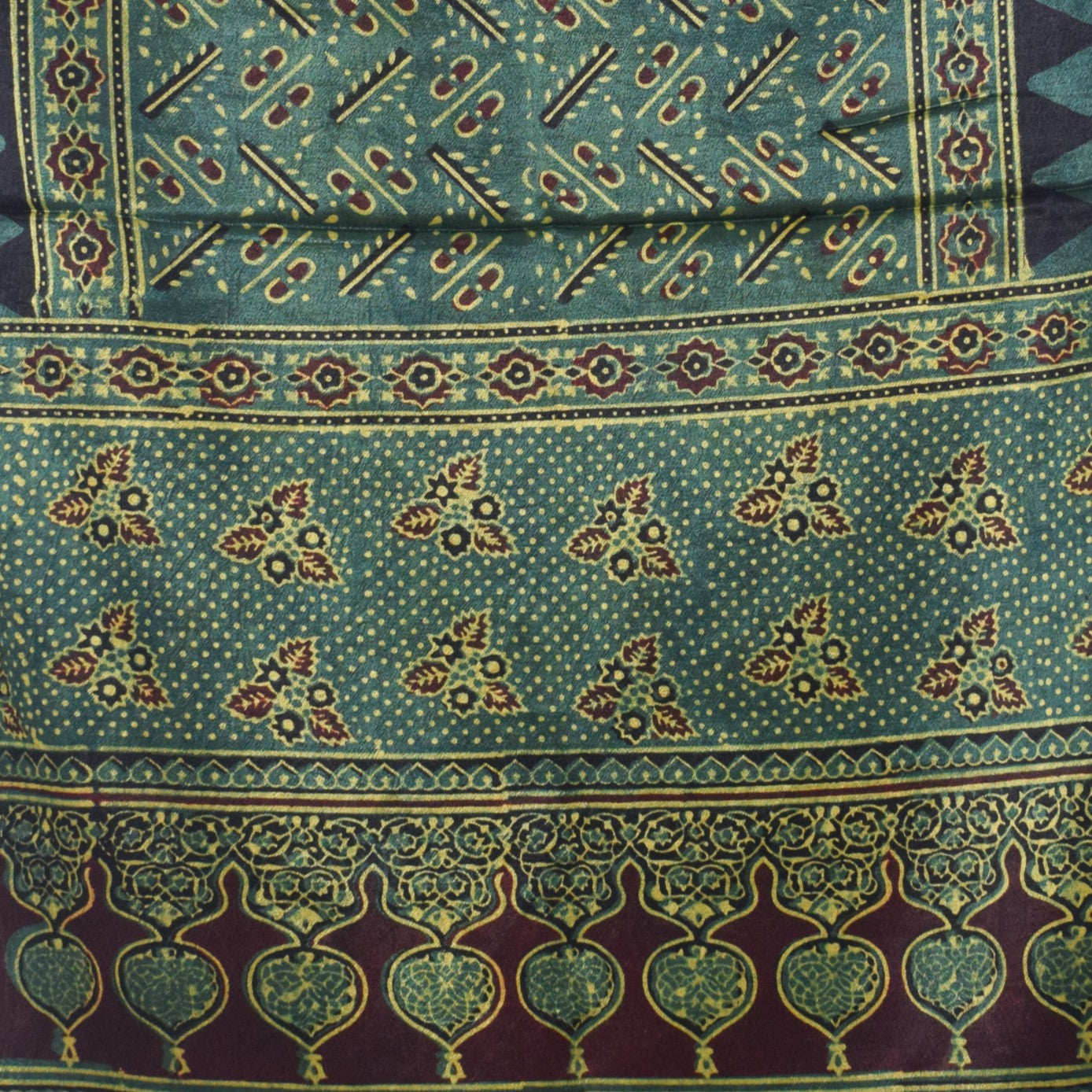 Ajrakh Mashru Silk Natural Dye Hand Block Print Stole With Tassels - 2 Mtr Length - SKU : AI07701X