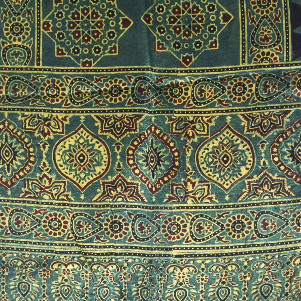 Ajrakh Mashru Silk Natural Dye Hand Block Print Stole With Tassels - 2 Mtr Length - SKU : AI0770AJ