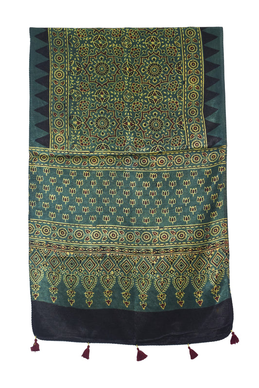 Ajrakh Mashru Silk Natural Dye Hand Block Print Stole With Tassels - 2 Mtr Length - SKU : AI0770AP