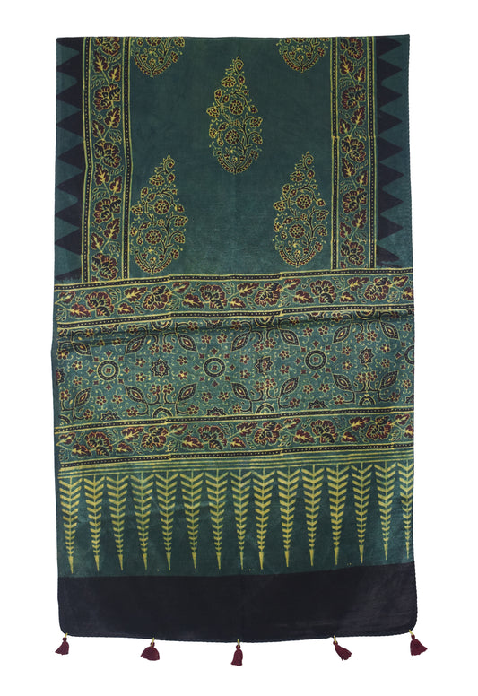 Ajrakh Mashru Silk Natural Dye Hand Block Print Stole With Tassels - 2 Mtr Length - SKU : AI0770AV