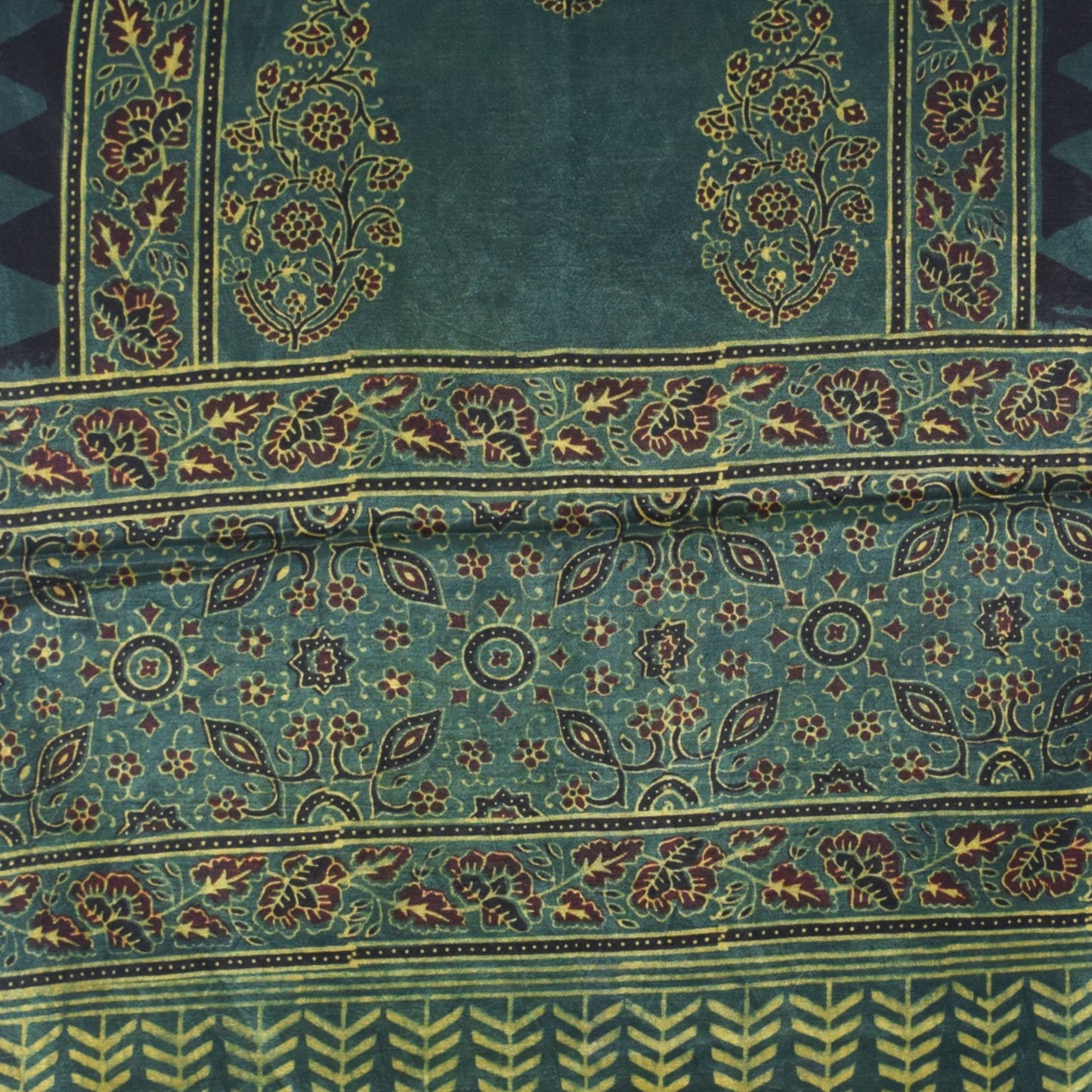 Ajrakh Mashru Silk Natural Dye Hand Block Print Stole With Tassels - 2 Mtr Length - SKU : AI0770AV