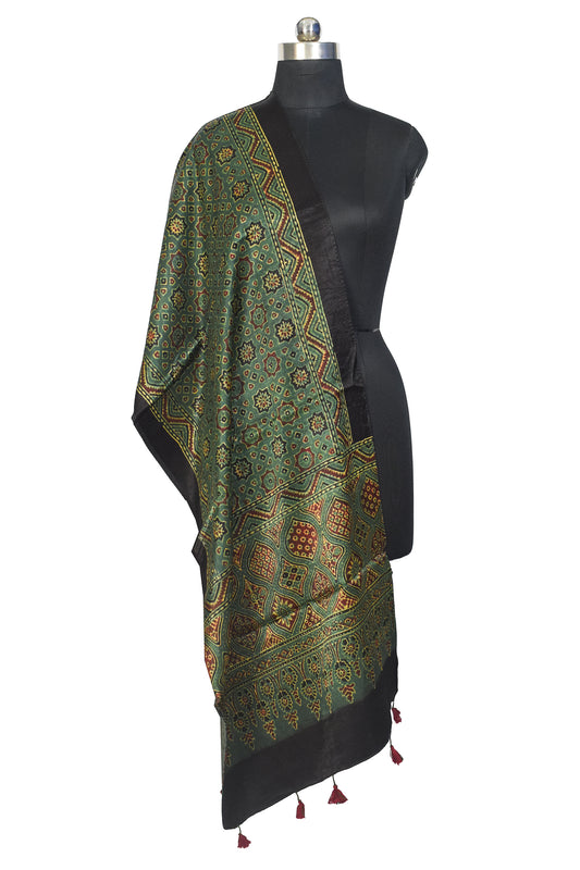 Ajrakh Mashru Silk Natural Dye Hand Block Print Stole With Tassels - 2 Mtr Length - SKU : MS10B01U