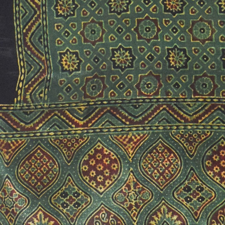 Ajrakh Mashru Silk Natural Dye Hand Block Print Stole With Tassels - 2 Mtr Length - SKU : MS10B01U