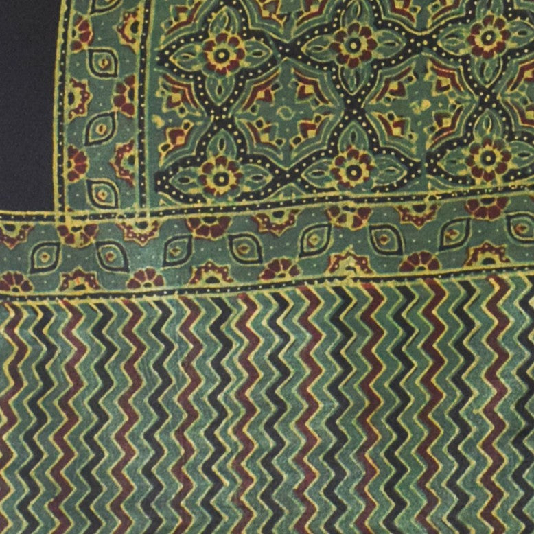 Ajrakh Mashru Silk Natural Dye Hand Block Print Stole With Tassels - 2 Mtr Length - SKU : MS10B01V