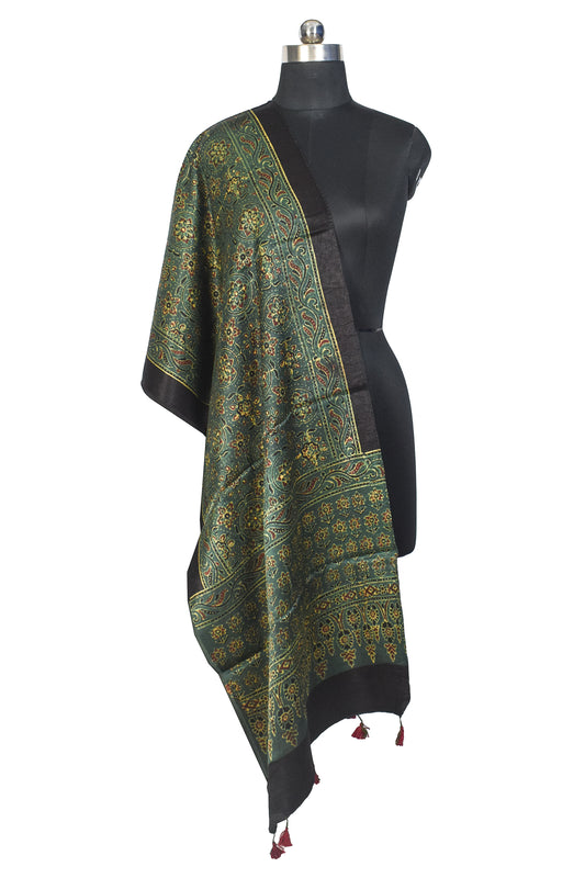 Ajrakh Mashru Silk Natural Dye Hand Block Print Stole With Tassels - 2 Mtr Length - SKU : MS10B01W