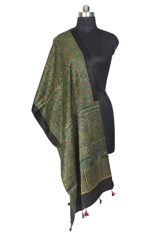 Ajrakh Mashru Silk Natural Dye Hand Block Print Stole With Tassels - 2 Mtr Length - SKU : MS10B01X