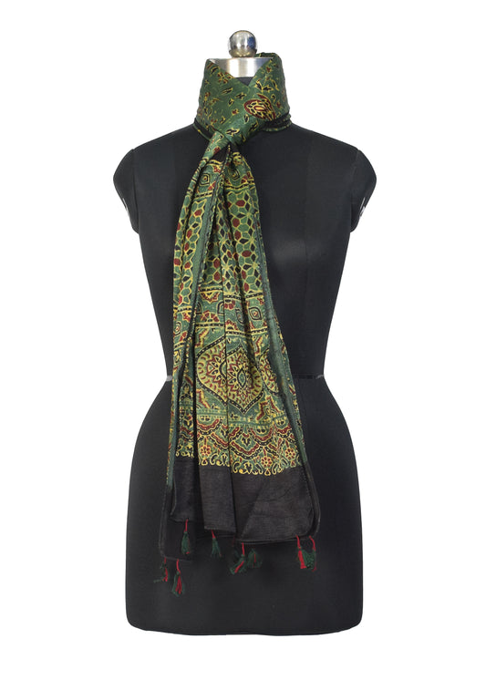 Ajrakh Mashru Silk Natural Dye Hand Block Print Stole With Tassels - 2 Mtr Length - SKU : MS10B01Y