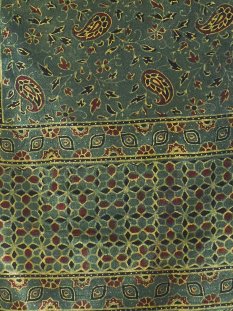 Ajrakh Mashru Silk Natural Dye Hand Block Print Stole With Tassels - 2 Mtr Length - SKU : MS10B01Y