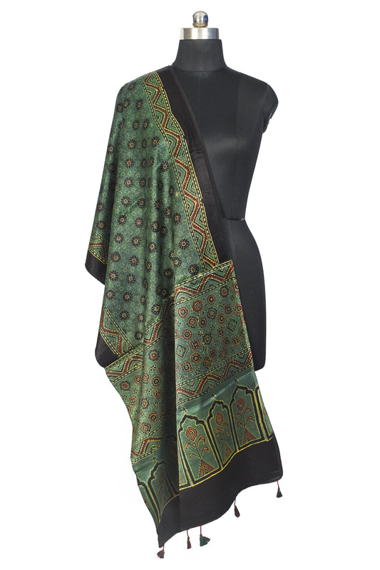 Ajrakh Mashru Silk Natural Dye Hand Block Print Stole With Tassels - 2 Mtr Length - SKU : MS10B01Z