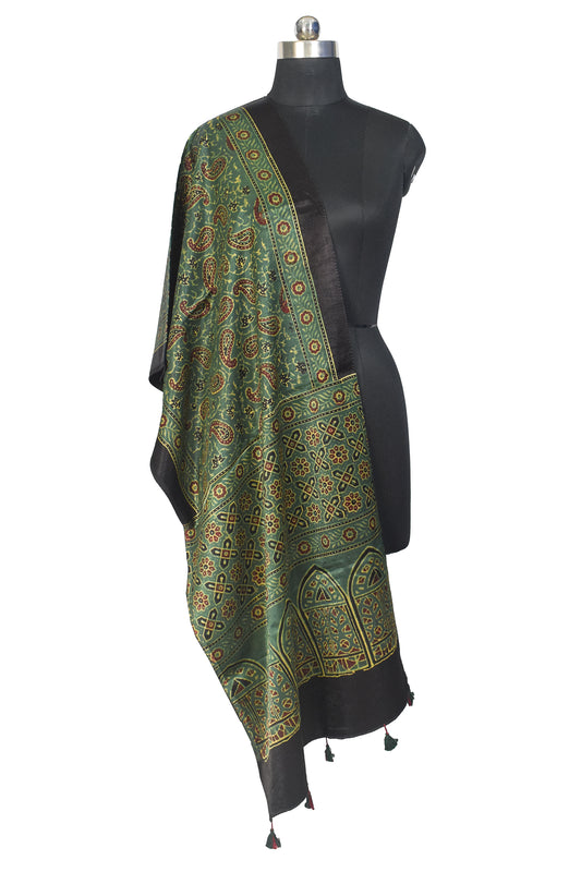 Ajrakh Mashru Silk Natural Dye Hand Block Print Stole With Tassels - 2 Mtr Length - SKU : MS10B0AA