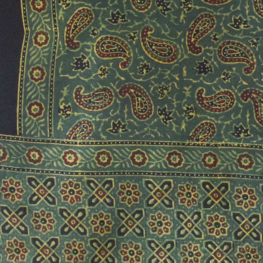 Ajrakh Mashru Silk Natural Dye Hand Block Print Stole With Tassels - 2 Mtr Length - SKU : MS10B0AA