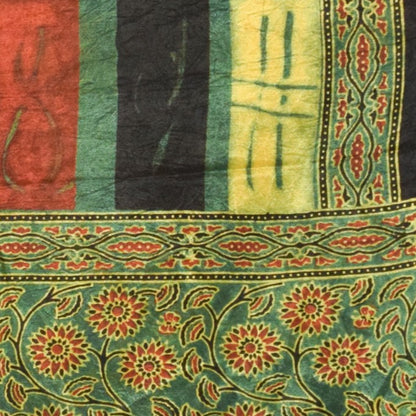 Ajrakh Mashru Silk Natural Dye Hand Block Print Stole With Tassels - 2 Mtr Length    -  SKU : RD26201C