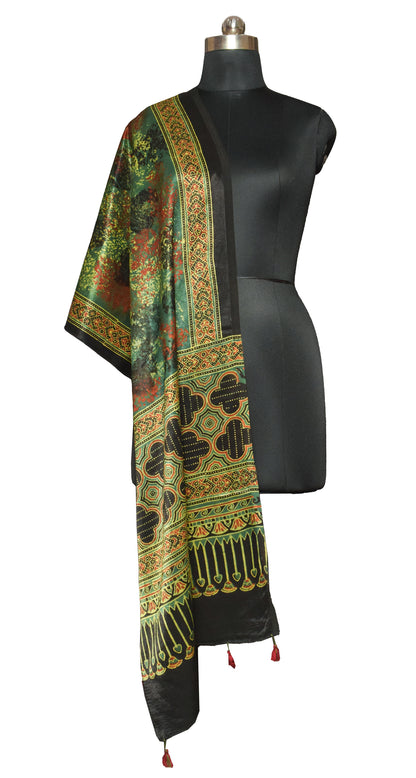 Ajrakh Mashru Silk Natural Dye Hand Block Print Stole With Tassels - 2 Mtr Length    -  SKU : RD26201K
