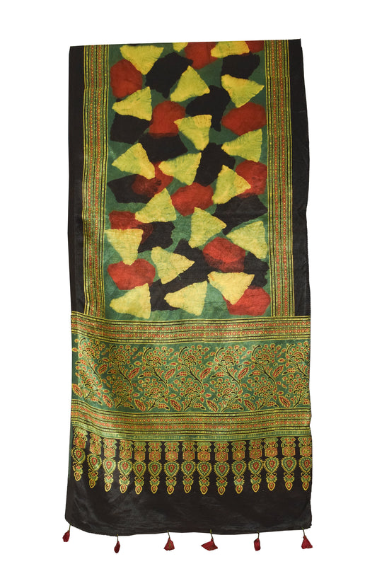 Ajrakh Mashru Silk Natural Dye Hand Block Print Stole With Tassels - 2 Mtr Length    -  SKU : RD26201S
