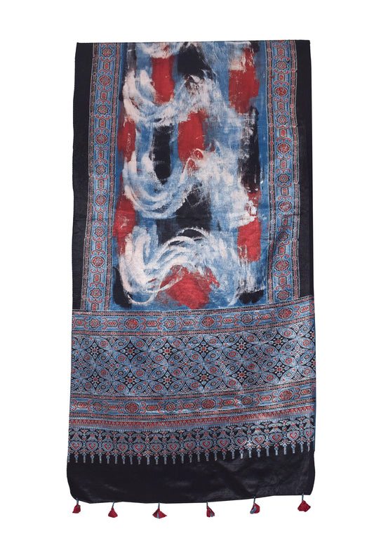 Ajrakh Mashru Silk Natural Dye Hand Block Print Stole With Tassels - 2 Mtr Length    -  SKU : RD26201M