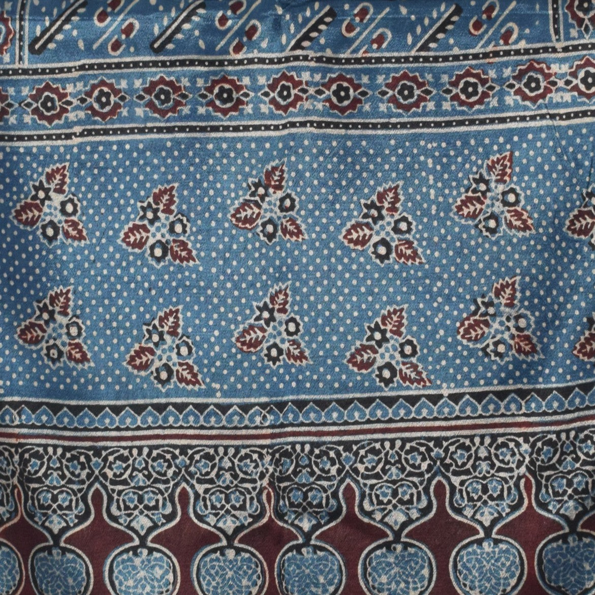 Ajrakh Mashru Silk Natural Dye Hand Block Print Stole With Tassels - 2 Mtr Length - SKU : AI0770BJ