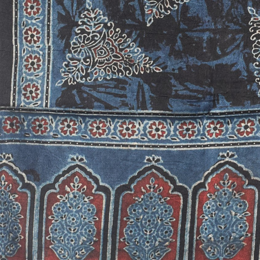 Ajrakh Mashru Silk Natural Dye Hand Block Print Stole With Tassels - 2 Mtr Length - SKU : AI21702C