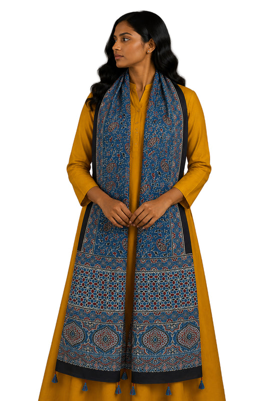 Ajrakh Mashru Silk Natural Dye Hand Block Print Stole With Tassels - 2 Mtr Length - SKU : MS10B01N