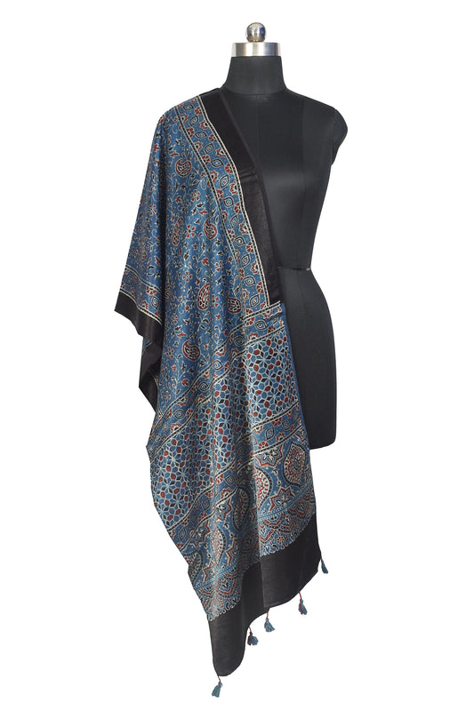 Ajrakh Mashru Silk Natural Dye Hand Block Print Stole With Tassels - 2 Mtr Length - SKU : MS10B01N