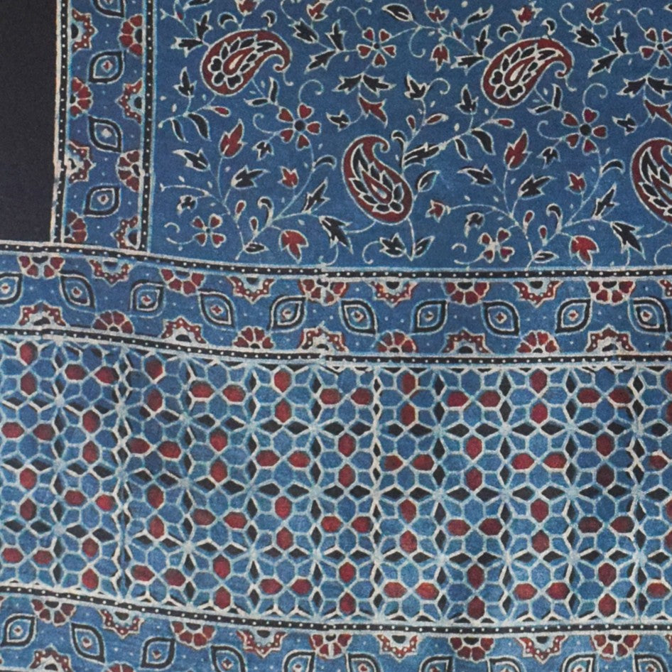 Ajrakh Mashru Silk Natural Dye Hand Block Print Stole With Tassels - 2 Mtr Length - SKU : MS10B01N