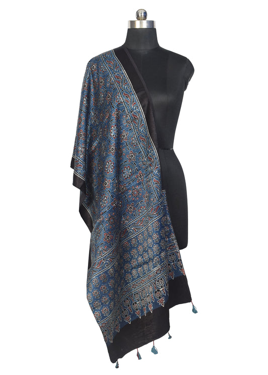 Ajrakh Mashru Silk Natural Dye Hand Block Print Stole With Tassels - 2 Mtr Length - SKU : MS10B01O
