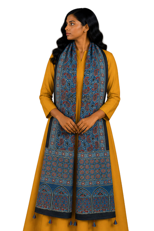 Ajrakh Mashru Silk Natural Dye Hand Block Print Stole With Tassels - 2 Mtr Length - SKU : MS10B01P