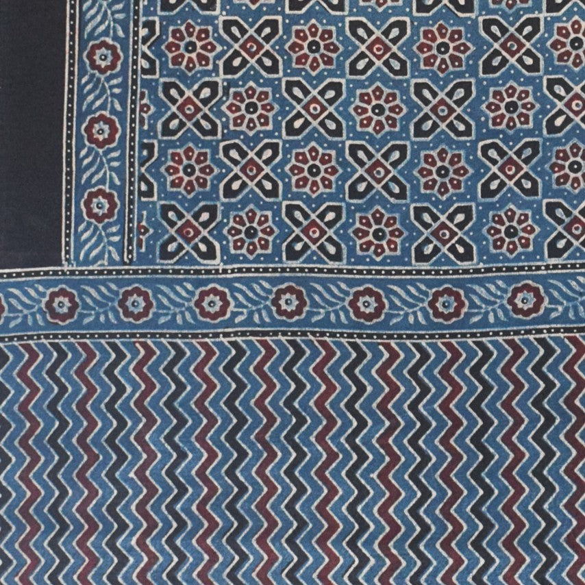 Ajrakh Mashru Silk Natural Dye Hand Block Print Stole With Tassels - 2 Mtr Length - SKU : MS10B01Q