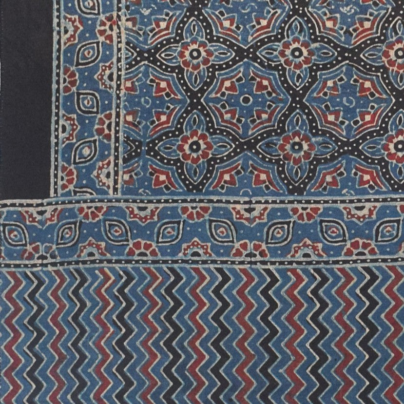 Ajrakh Mashru Silk Natural Dye Hand Block Print Stole With Tassels - 2 Mtr Length - SKU : MS10B01R