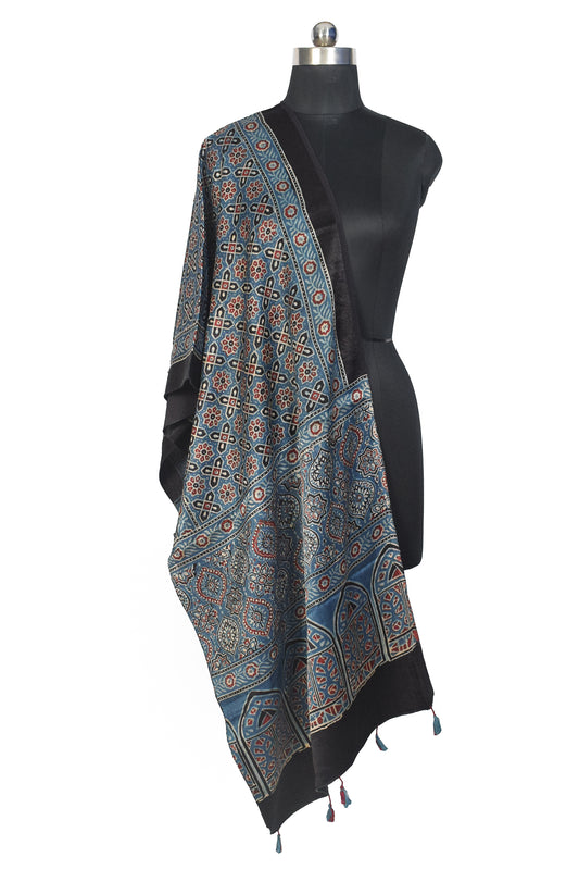 Ajrakh Mashru Silk Natural Dye Hand Block Print Stole With Tassels - 2 Mtr Length - SKU : MS10B01S