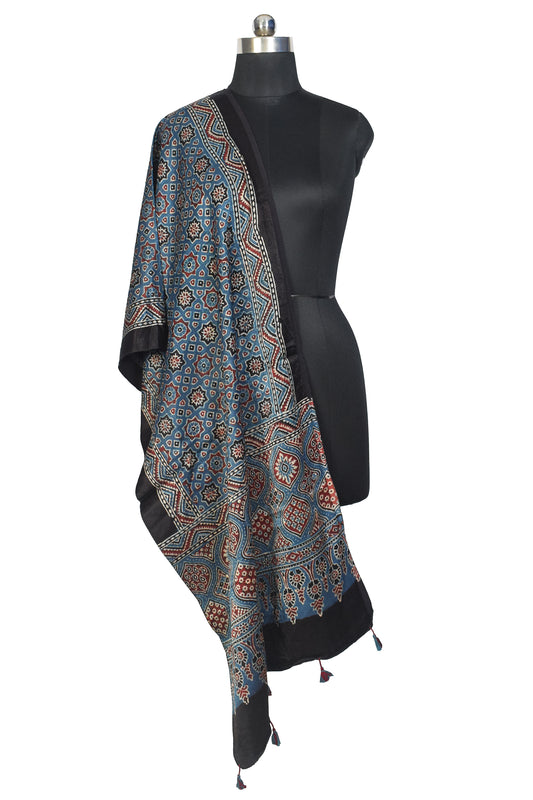 Ajrakh Mashru Silk Natural Dye Hand Block Print Stole With Tassels - 2 Mtr Length - SKU : MS10B01T