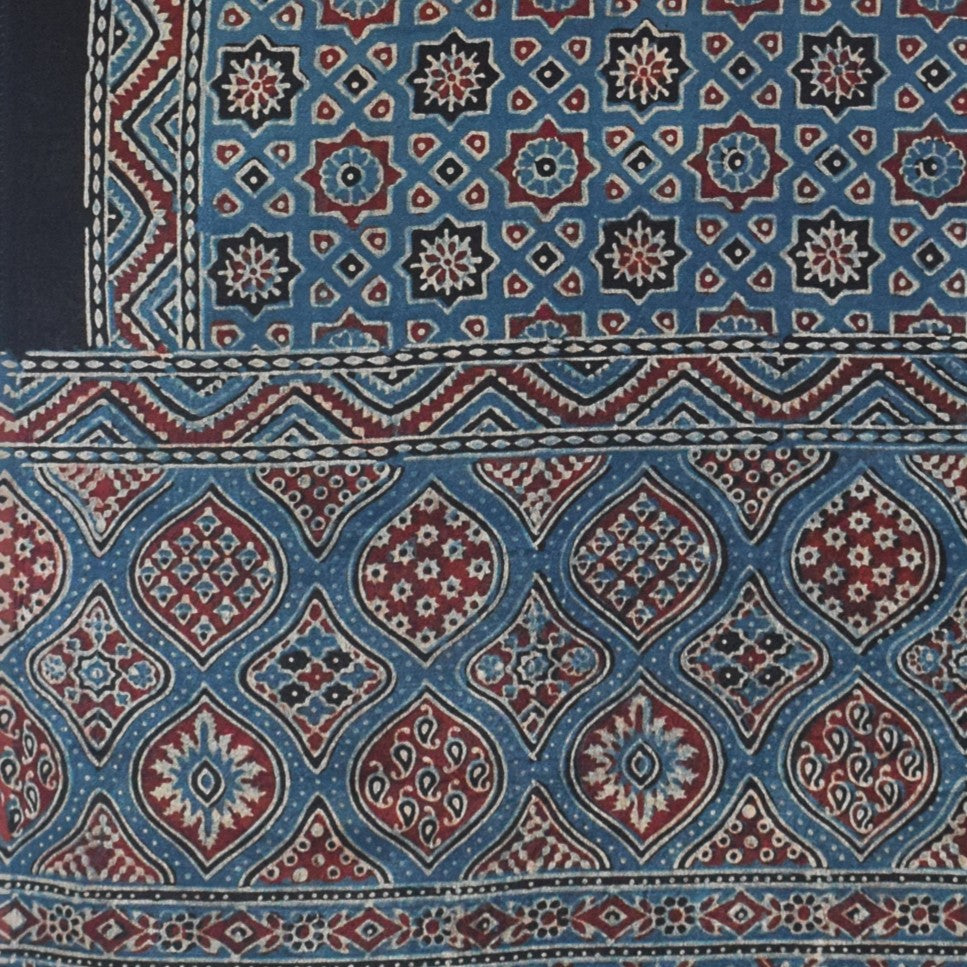 Ajrakh Mashru Silk Natural Dye Hand Block Print Stole With Tassels - 2 Mtr Length - SKU : MS10B01T